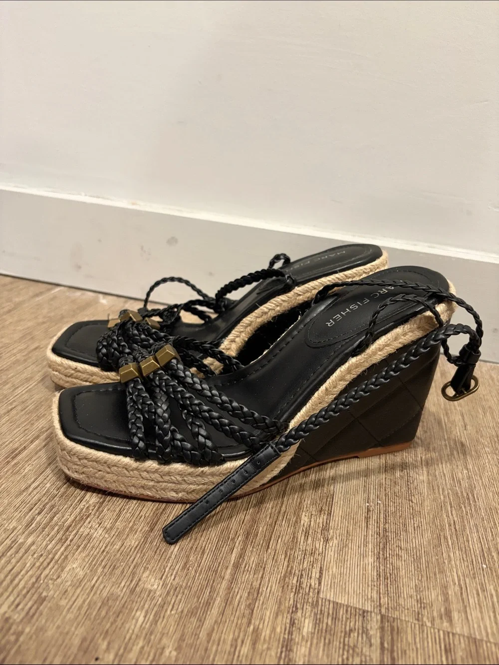Marc Fisher Black Braided Espadrille Wedge Sandals with Gold Accents